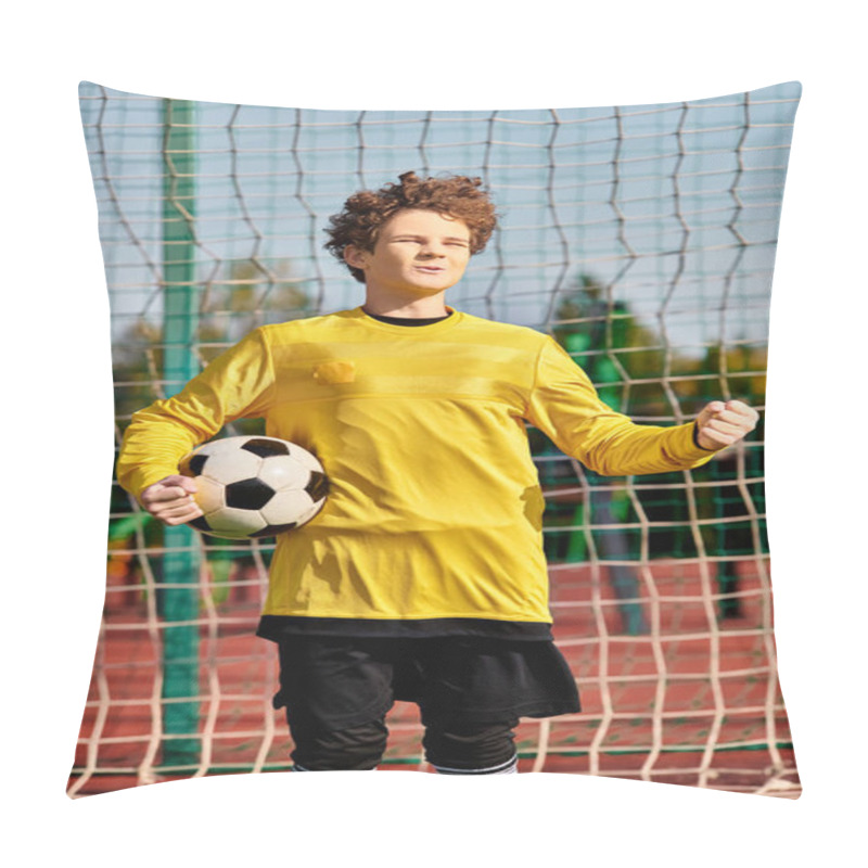Personality  A Young Man Stands Confidently, Holding A Soccer Ball In Front Of A Net. The Determination In His Eyes Is Evident As He Prepares To Take A Shot, Showcasing His Passion For The Sport And His Goal-scoring Abilities. Pillow Covers
