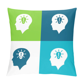 Personality  Bald Head With Lightbulb With Exclamation Sign Inside Flat Four Color Minimal Icon Set Pillow Covers
