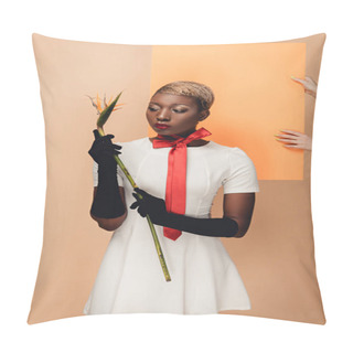 Personality  Young African American Woman In Black Gloves Posing With Strelitzia Flower On Beige And Orange Pillow Covers