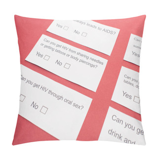 Personality  Paper Cards With HIV Questionnaire On Red Background Pillow Covers