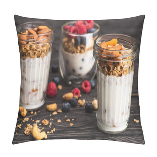 Personality  Delicious Granola With Dried Apricots, Nuts And Yogurt In Glass Cups On Wooden Surface On Blurred Background Pillow Covers