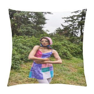 Personality  A Young Woman In A Colorful Dress And Sunglasses Dancing Gracefully In A Vibrant Field, Enjoying The Summer Breeze. Pillow Covers