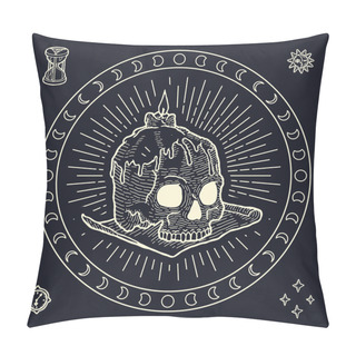 Personality  Mystical Magic Symbol Of Woodoo Practices With Human Skull, Dial, Sun, Moon, Hourglass And Stars On A Round Circle Pillow Covers