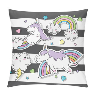 Personality  Kawaii Clouds With Rainbow And Thunder With Unicorn Vector Illustration Pillow Covers