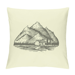 Personality  Engraved Vintage Logo With Mountains In Hand Drawn, Sketch Style, Old Looking Retro Badge For National Parks And Camping, Alpine And Hiking Theme Pillow Covers
