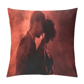 Personality  Sensual Man Embracing Passionate Woman In Smoke On Red Background  Pillow Covers