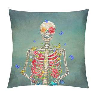 Personality  Blooming Skeleton On The Grunge Background With Butterflies Pillow Covers