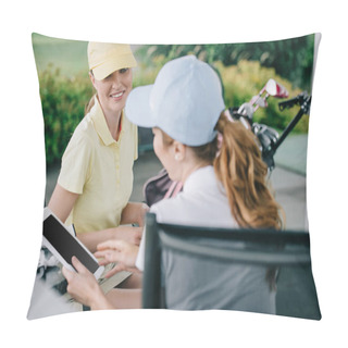 Personality  Business Partners With Tablet Discussing Work After Golf Game At Golf Course Pillow Covers