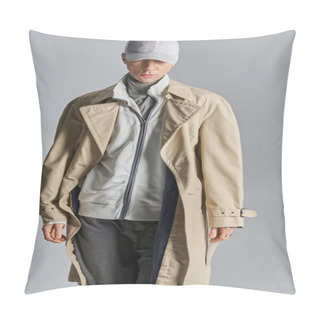 Personality  A Young, Tattooed Man Stands Confidently In A Trench Coat And Hat, Exuding An Air Of Mystery And Intrigue. Pillow Covers