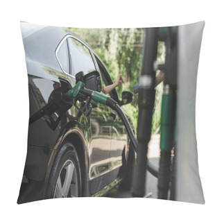 Personality  Selective Focus Of Fueling Nozzle In Gas Tank Of Auto And Woman Paying With Credit Card Near Worker Of Gas Station With Payment Terminal Pillow Covers