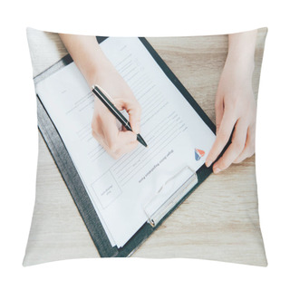 Personality  Partial View Of Donor Signing Registration Form On Wooden Surface Pillow Covers