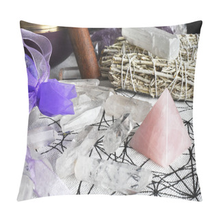 Personality  A Close Up Image Of A Rose Quartz Pyramid And Clear Quartz Crystal Points On A Sacred Geometry Grid Cloth.  Pillow Covers
