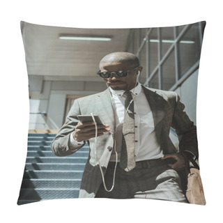 Personality  Stylish Confident Businessman Using Smartphone While Walking On Stairs Pillow Covers