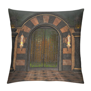Personality  Ancient Wrought Iron Gate Taking To A Dark Misty Forest  3D Illustration Pillow Covers