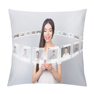 Personality  Close Up Photo Reader She Her Lady Check Lots Email Telephone Share Repost Like Heart Addiction Page Globe Forum Illustration Pictures Dating Site Futuristic Creative Design Isolated Grey Background Pillow Covers