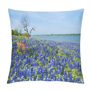 Personality  Texas Bluebonnets Blooming By A Lake In Spring Pillow Covers