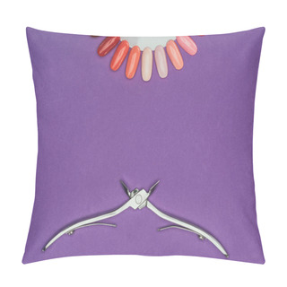 Personality  Top View Of Nail Nippers And Manicure Palette Isolated On Purple Pillow Covers