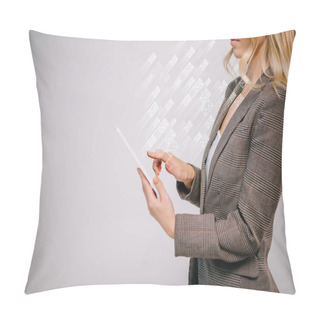 Personality  Cropped View On Businesswoman In Suit Touching Digital Tablet With Sending E-mails Icons Isolated On Grey Pillow Covers