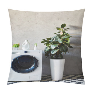 Personality  Plant And Bottles On White Washing Machine Near Ornamental Carpet In Modern Bathroom  Pillow Covers