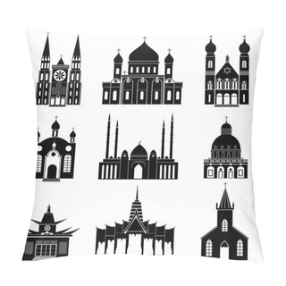 Personality  Cartoon Silhouette Black Churches And Temples Icon Set. Vector Pillow Covers