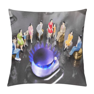 Personality  People Doll Sitting On Coins Around Burning Gas Burners. Supply Of Natural Gas To The Population. Pillow Covers