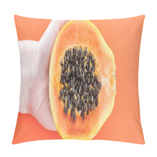 Personality  Panoramic Shot Of Woman Holding Ripe Exotic Papaya Half With Black Seeds Isolated On Orange Pillow Covers
