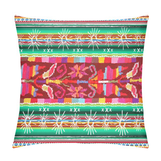 Personality  Mexican Ethnic Embroidery, Tribal Art Ethnic Pattern. Colorful Mexican Blanket Stripes Folk Abstract Geometric And Floral Repeating Texture, Vector Fabric Latin America Design Multi Color Background  Pillow Covers
