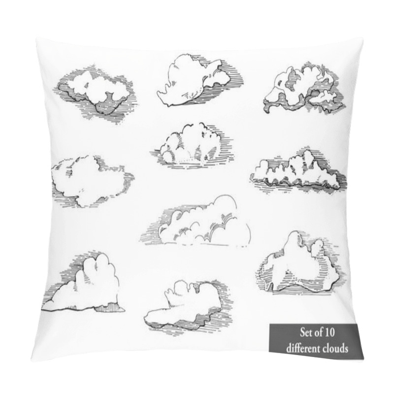 Personality  Hand drawn vintage engraved clouds vector set. Detailed ink illustration. Sky, heaven, cloud sketch, retro style.Big set of coluds. pillow covers