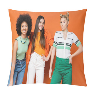 Personality  Cheerful And Multiethnic Teenagers With Bold Makeup Posing In Trendy Outfits And Looking At Camera Together On Orange Background, Cool And Confident Multicultural Teenage Girls Pillow Covers