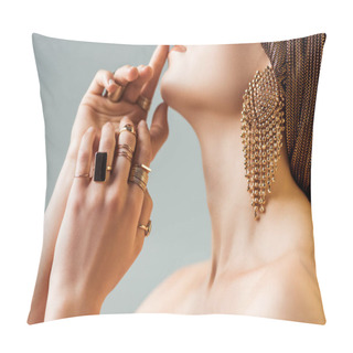 Personality  Cropped View Of Young Naked Woman In Golden Rings And Earrings In Turban Touching Face Isolated On Grey Pillow Covers