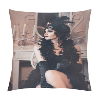 Personality  Elegant Woman In Retro Style Of The 20s, Lady Flapper In A Black Dress, Dark Hair And A Bandage, Feather Boa, Long Gloves. Image Of A Gangster Girl On A Party, Old Fashion. Art Processing Pillow Covers