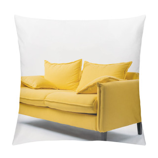 Personality  Studio Shot Of Yellow Couch With Pillows, On White Pillow Covers