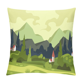 Personality  Summer Mountain Landscape. Vector Flat Illustration. Countryside. Green Hills. Cartoon Style. Pillow Covers