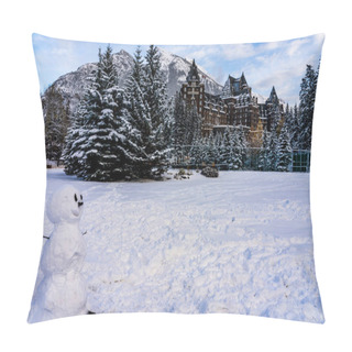 Personality  A Smiling Snowman In The Snowy Playground. Fairmont Banff Springs In The Background. Banff National Park, Canadian Rockies. Pillow Covers