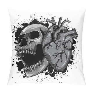 Personality  Monochromatic Drawn Cartoon Skull With Hearts, Love Skull Head Pillow Covers