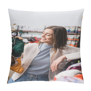 Personality  Cheerful Woman Looking At Pet Jacket In Store  Pillow Covers