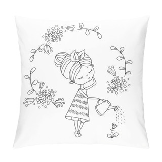 Personality  Children's Illustration. Girl In A Handkerchief With A Watering Can In A Circle Of Hydrangea Flowers And Leaves. Made In Doodle Style, Outline. Vector Illustration Pillow Covers
