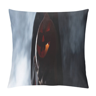 Personality  Panoramic Shot Of Man Holding Pumpkin On Black With Smoke  Pillow Covers