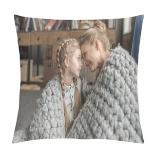 Personality  Beautiful Happy Mother And Daughter Sitting Together Under Merino Wool Blanket Pillow Covers