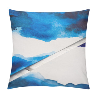 Personality  High Angle View Of Paper With Japanese Painting With Blue Watercolor On Wooden Background Pillow Covers