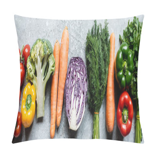 Personality  Top View Of Fresh Ripe Vegetables On Grey Concrete Surface, Panoramic Crop Pillow Covers