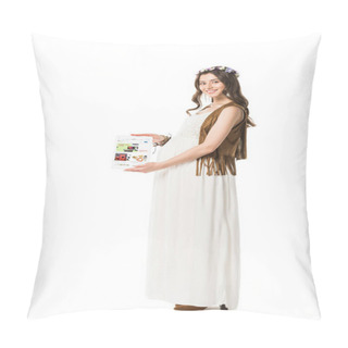 Personality  KYIV, UKRAINE - FEBRUARY 4, 2019: Full Length View Of Smiling Pregnant Boho Woman Holding Digital Tablet With Ebay App On Screen Isolated On White Pillow Covers