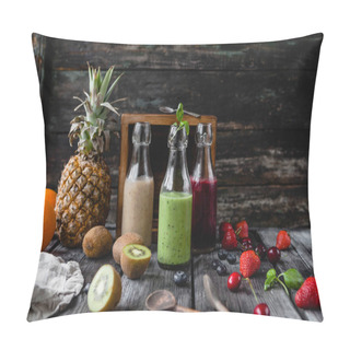 Personality  Organic Fruit Smoothies In Glass Bottles On Wooden Background With Assorted Fruits Pillow Covers