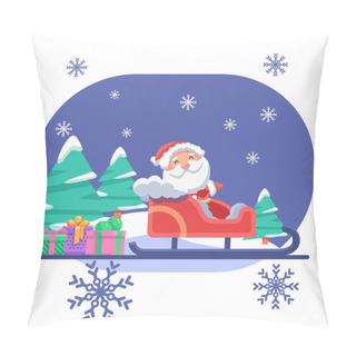 Personality  Santa Claus In Skid And Gifts On Blue Backdrop. Christmas Holiday Postcard For Invitation Or Gift Card, Notebook, Bath Tile, Scrapbook. Phone Case Or Cloth Print. Flat Style Stock Vector Illustration Pillow Covers