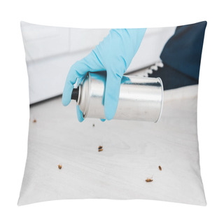 Personality  Cropped View Of Exterminator Holding Toxic Spray Can Near Insects On Floor Pillow Covers