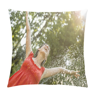 Personality  Happy Young  Woman Standing Under A Spray Of Water On A Hot Summ Pillow Covers