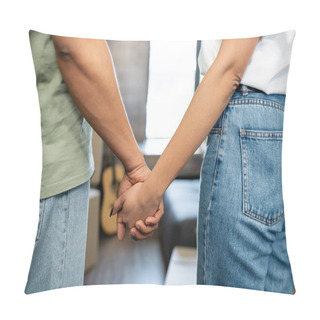 Personality  Cropped View Of African American Couple Holding Hands Near Blurred Packages In New House Pillow Covers