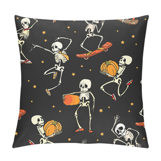 Personality  Vector Dancing And Skateboarding Skeletons Haloween Repeat Pattern Background. Great For Spooky Fun Party Themed Fabric, Gifts, Giftwrap. Pillow Covers