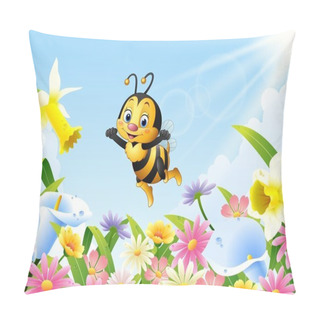 Personality  Cartoon Bee Flying Over Flower Field Pillow Covers