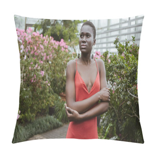 Personality  Beautiful African American Girl With Short Hair In Red Dress Posing In Garden With Flowers  Pillow Covers